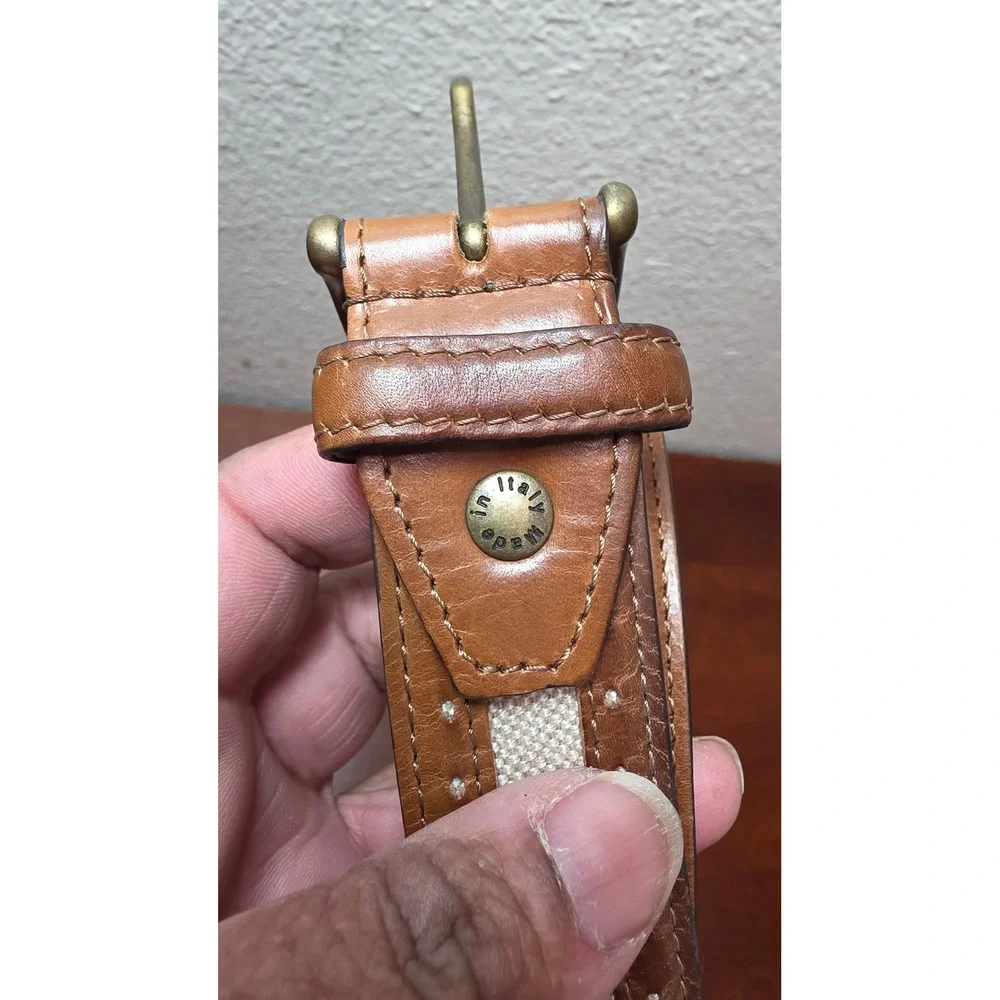 Paul Fredrick Belt Mens 44‎ Brown Leather Canvas Made in Italy Casual Classic